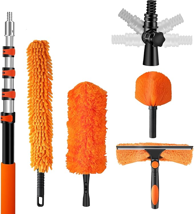 20ft High Reach Duster Kit with Extendable Pole (5-12ft),High Ceiling Duster Kit Includes–Ceiling Fan Blade Cleaner, Cobweb Remover, Bendable Duster, Microfiber Glass Scrubber & Squeegee & Swivel Head