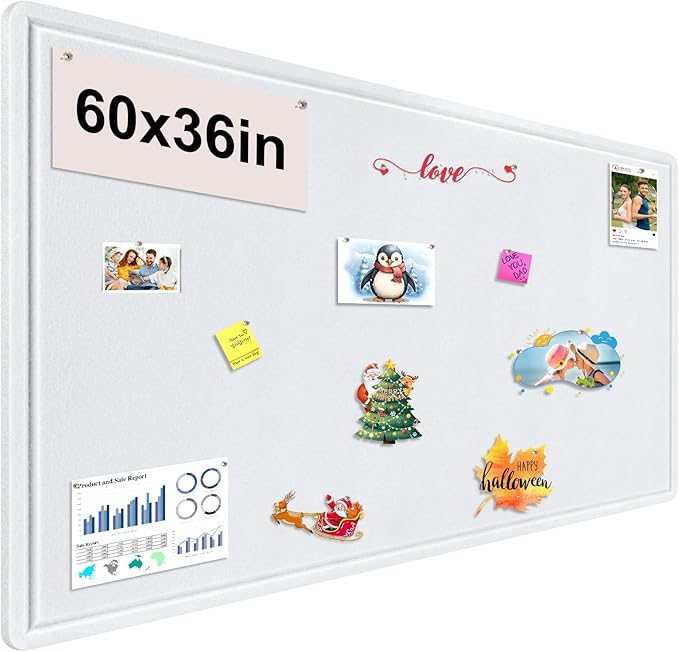 Large Bulletin Board, Foldable 60x36 Inches Cork Board Alternative, Large Felt Board Decorative Pin Board for Wall, Foldable Photo Board Self-Adhesive Vision Board with 36 Pushpins White