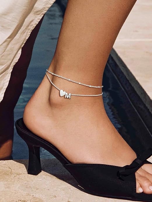 Suplight Stainless Steel Initial Ankle Bracelets for Women Layered Dainty Heart Anklet Beaded Anklets for Women Waterproof Plus Size Ankle Foot Chain Summer Essentials Jewelry(with Gift Box)