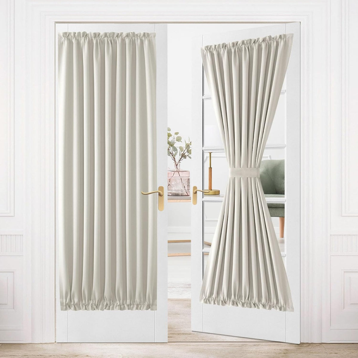 DWCN French Door Curtains â Rod Pocket Thermal Blackout Curtain for Doors with Glass Window, Kitchen and Patio Doors for Privacy, 54 X 80 Inches Long, 1 Curtain Panel with Tieback, Ivory
