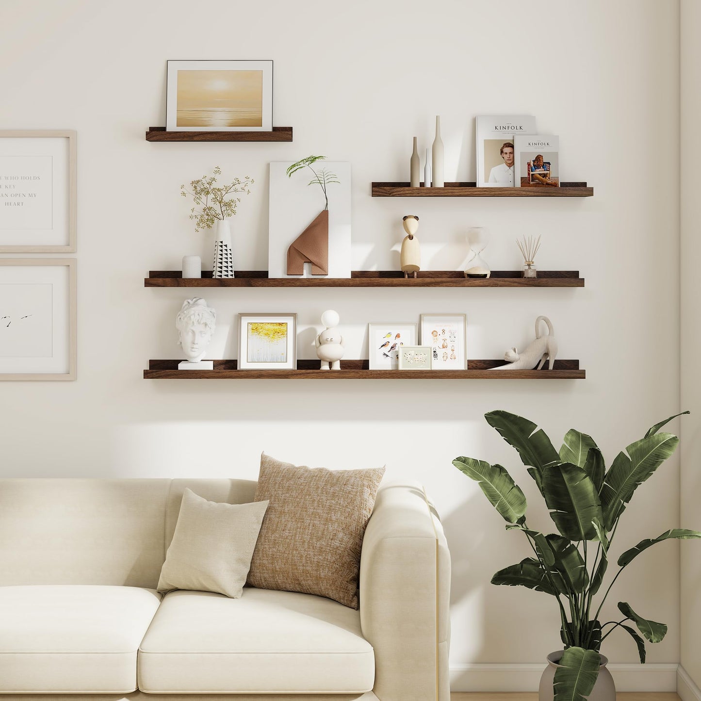 Acovy Picture Ledge Shelf Set of 6, 48 inch Long Large Floating Shelves for Wall with Lip, Wall Mounted Shelves for Living Room, Bedroom, Bathroom, Kitchen, Nursery,Walnut