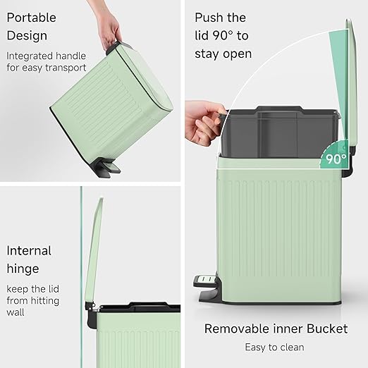 TIPGO Slim Bathroom Trash Can with Lid Soft Close, Step Pedal, 6 Liter / 1.6 Gallon Stainless Steel Trash Bin, Small Garbage Cans for Bedroom, Office, Kitchen (Green)