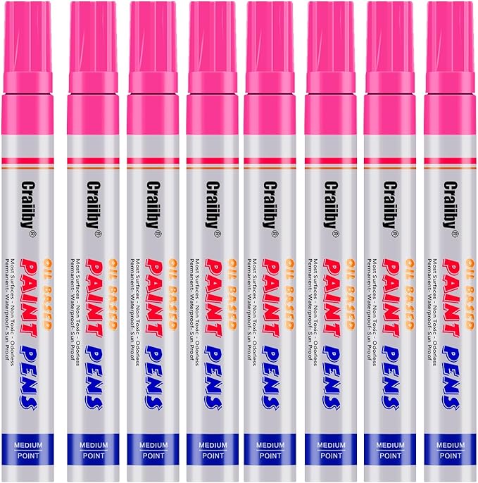 Pink Paint Markers, 8 Pack Oil-Based Waterproof Quick Dry Permanent Paint Pen Set for Rocks Painting, Wood, Fabric, Plastic, Canvas, Glass, Mugs, Metal, Tire, Stone, DIY Craft