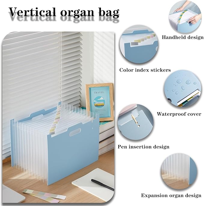 2-Piece Accordion Folder Manager, 12 Grid Expansion Pages, Portable Monthly Bill and Receipt Manager That Opens Upright, Colored Labels, School, Home, and Office letterhead/A4 Size, Sky Blue
