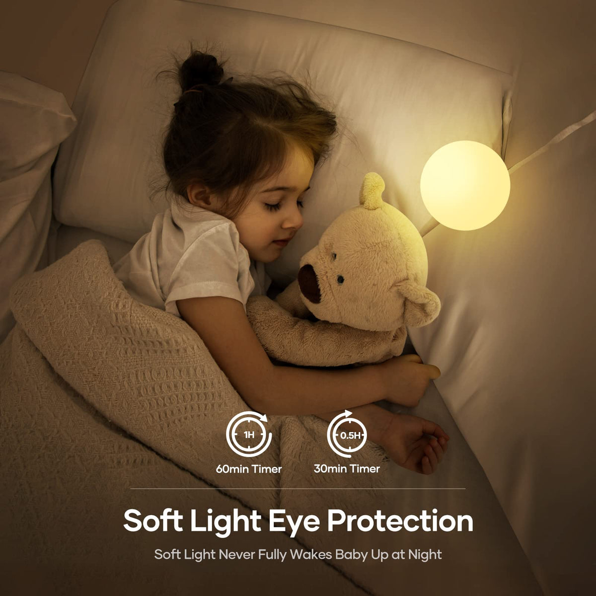 Night Light for Kids, USB Rechargeable Beside Lamp with Dimmable,Warm Light,7 Colors Changing,Touch Control, 0.5/1Hour Timer for Nursery, Baby,Bedroom,Camping