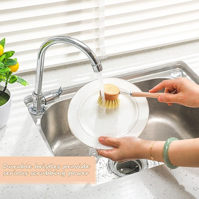 Boao Dish Brush with Beechwood Handle with 5 Replacement Heads Natural Wood Dish Scrub Brush for Washing and Cleaning Pots and Pans