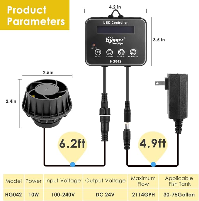 hygger 2114 GPH Aquarium Inverter Wavemaker Pump with LED Controller, DC 24V 10W Ultra-quiet Submersible Power Head with Magnetic Base, Circulation Pump for 30-75 Gal Freshwater Saltwater Tank