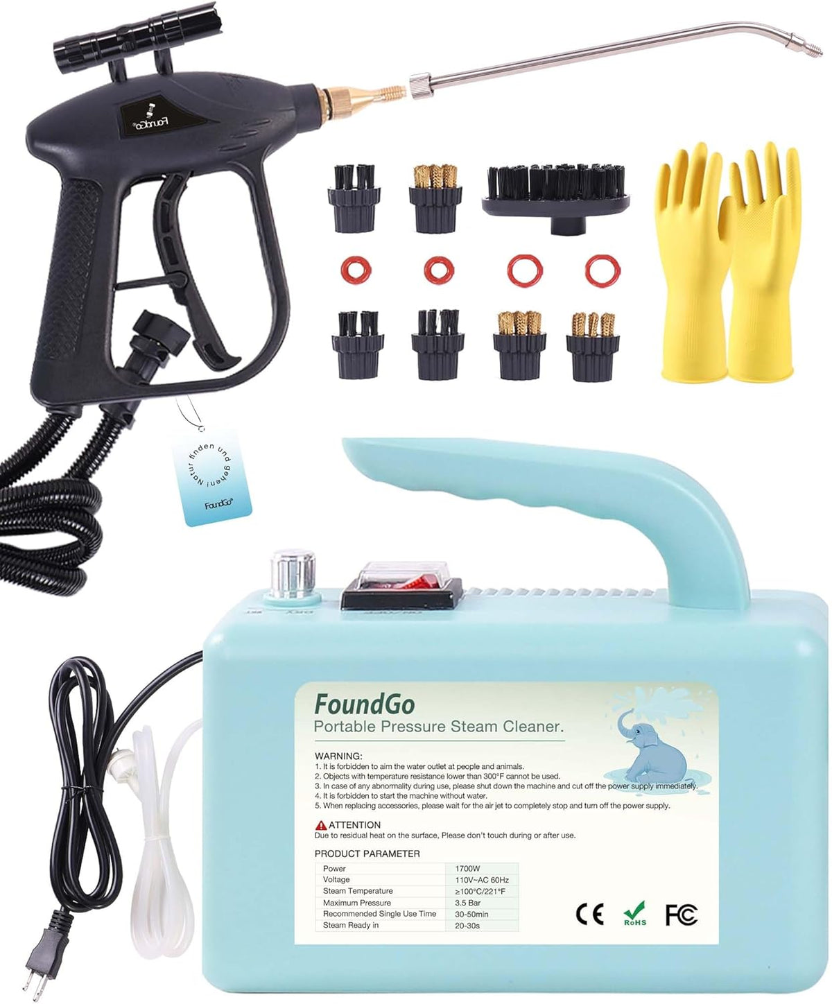 FoundGo 1700W Tankless Handheld Steam Cleaner with 7 Brushes 20s Heating to 239℉ Pressurized Portable Steam Cleaner, Cleaning Home/Kitchen/Car & More-Blue
