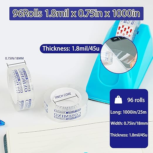 COSIMIXO 96Rolls Crystal Clear Tape Refills for Dispenser, 3/4Inch x 1000 inch,Bulk Transparent Tape,Office Stationery Tape for Home and School