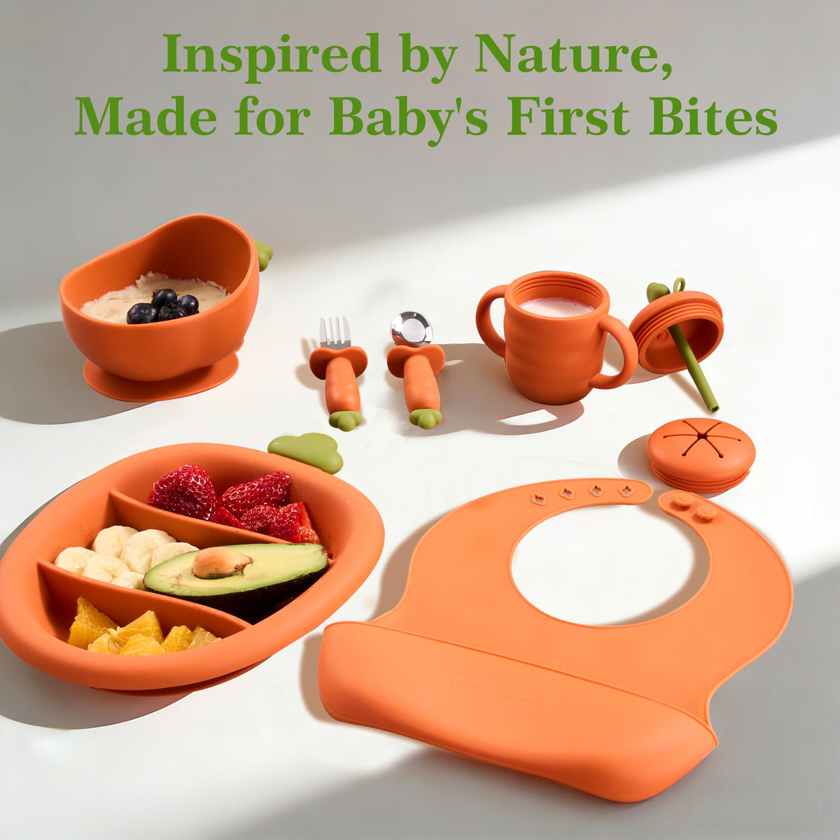 COZY ROCK Silicone Baby Feeding Set, Carrot Design BLW Toddler Feeding Set with Suction Plate & Bowl, Bib, Fork & Spoon, 2-in-1 Straw and Snack Cup, BPA-Free Baby Tableware for Starting Solids
