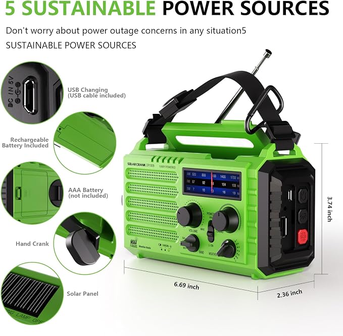 NOAA-Certified Emergency Weather Radio, AM/FM Portable Solar Hand Crank Powered with Flashlight & Reading Lamp for Emergency, Rechargeable Battery, SOS Alarm, Cell Phone Charger for Outdoor & Home Use