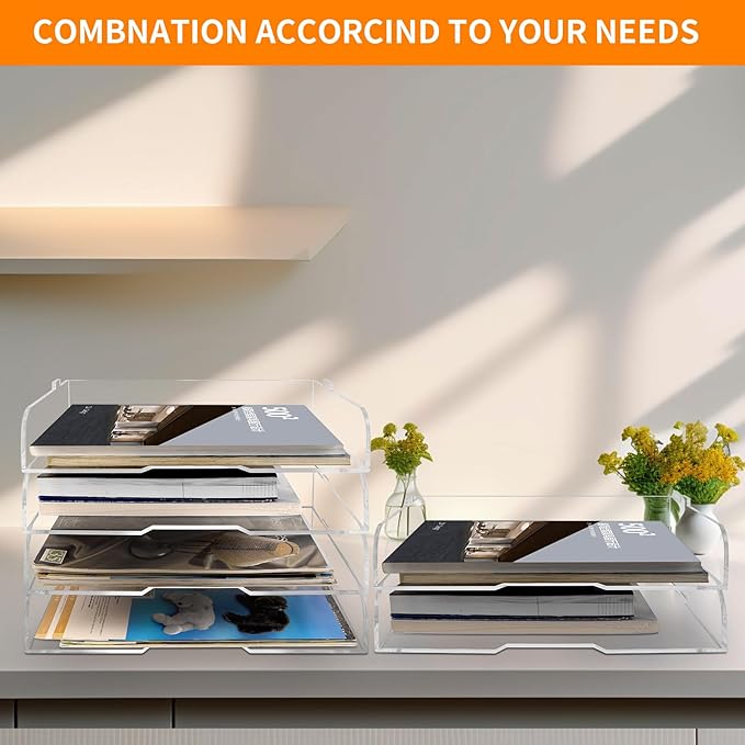 4 Pack- Stackable Paper Letter Tray,Clear Acrylic Magazine Holder and File Organizer - Sleek Desk Organizer for Home Office, Bookshelf, or Workspace - Space-Saving Transparent Document Holder