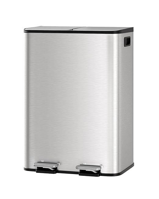 GarveeHome 2 x 8 Gallon Stainless Steel Double Trash Can with Lid for Kitchen, Large Dual Trash and Recycle Bin Combo, Step-on Kitchen Metal Garbage Cans, PP Inner Buckets, Liner Rim, Silver