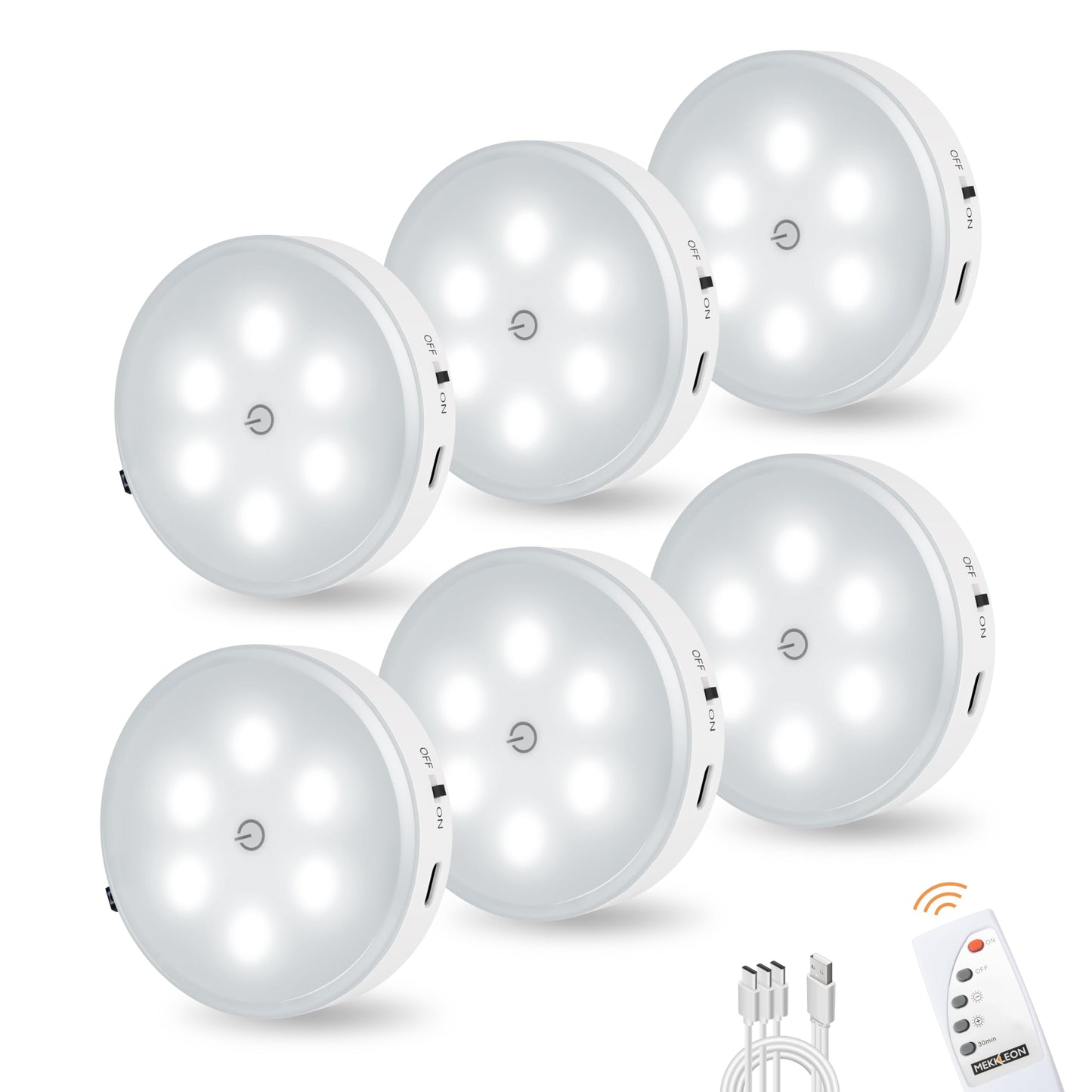 Puck Lights with Remote Control, Magnetic Under Cabinet Lighting, 1200mAh Rechargeable Stick On Lights for Under Cabinet, Hallway, Stairway, Closet (Cool White, 6pcs)