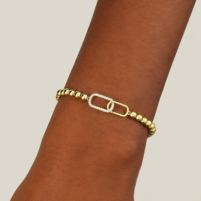 Gold Bracelets for Women 14K Gold Plated Bead Bracelet Hypoallergenic Stretch Bracelets for Women Elastic Bracelet Trendy Teen Gift Dainty Jewelry for Women