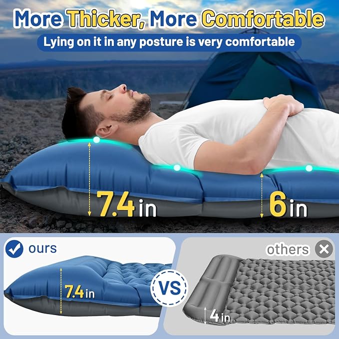 Double Sleeping Pad, 6" Extra Thick Portable Camping Sleeping Pad with Pillows & Built-in Foot Pump, Ultralight Camping Mat for Backpacking, Hiking, Traveling, Tent, Car Camp Gear