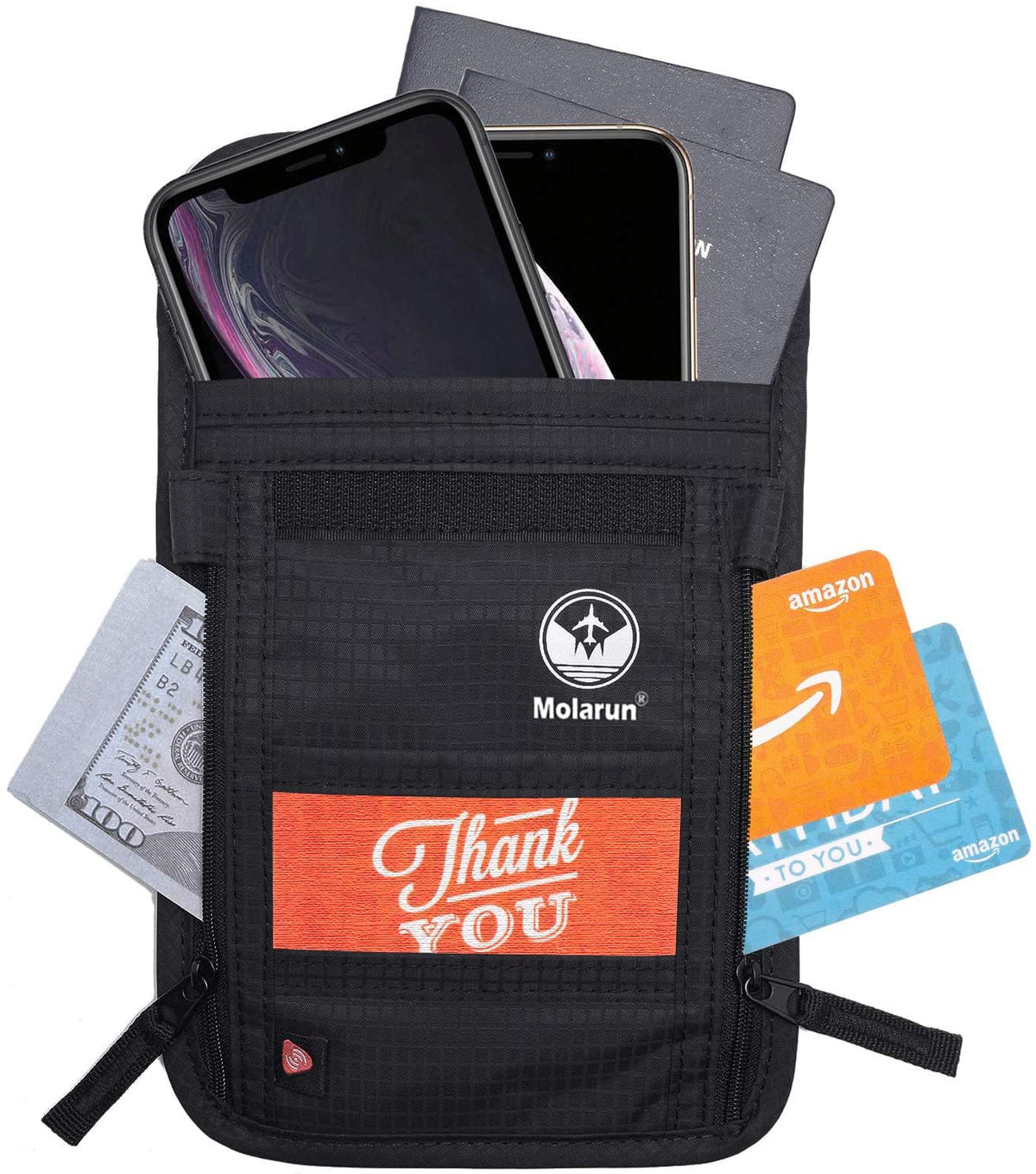 RFID Blocking Stash Neck Wallet, Passport Holder Travel Pouch for Women Men - Black