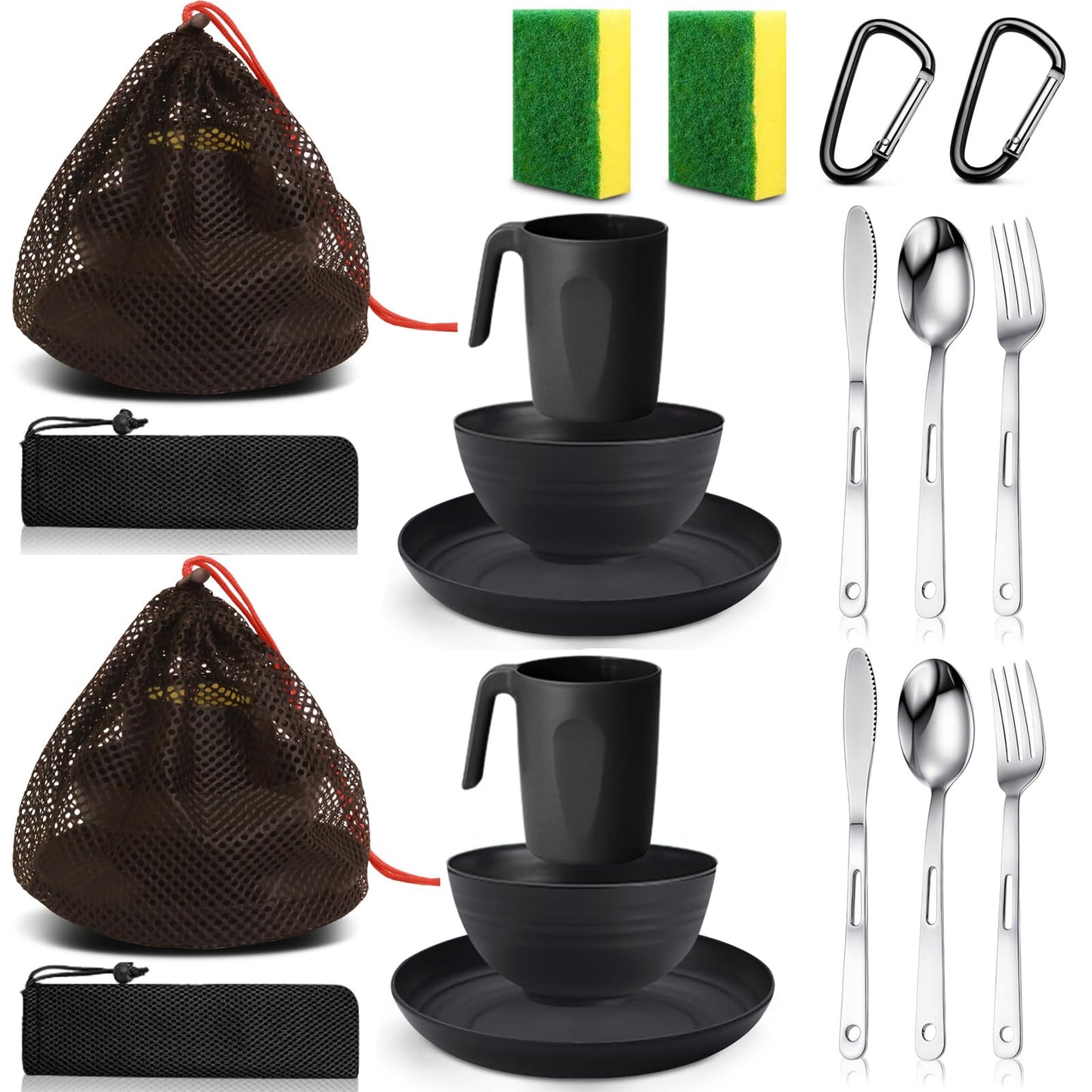 Scout Camping Mess Kit for Person Boy Scout Dishes Set Girl Scout Mess Kit with Mesh Bag Reusable Light Weight Eating Utensils Plastic Camping Cutlery Set for Travel Camp (2, 2 Person Black)