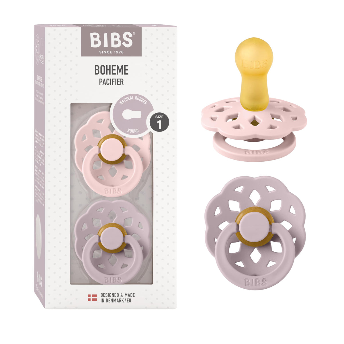 BIBS Pacifiers - Boheme Collection | BPA-Free Baby Pacifier | Made in Denmark | Set of 2 Blossom/Dusky Lilac Color Premium Soothers | Size 0-6 Months