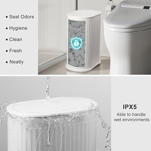 Anzoymx Bathroom Trash Cans White Stainless Steel Small Garbage Can with Pop up Lid, 1.8 Gallons Dog Proof Narrow Wastebasket, Slim Litter Trash Bins for Bedroom, Toilet, Office