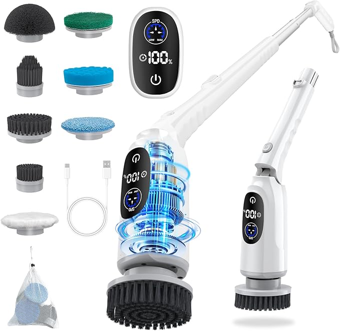 Electric Spin Scrubber, 2025 Upgraded Cordless Bathroom Scrubber, Aluminum Alloy Telescopic Handle, Shower Cleaner Brush with LED Display, 3 Speeds, 8 Brush Heads, IPX7 Bathtub Electric Cleaning Tool