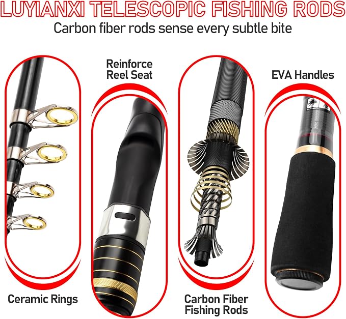 Telescopic Fishing Rod Combo - 2PCS 6.9 7.89FT Collapsible Carbon Fiber Pole Set, Spinning Reel Lures Lines Kits with Carrier Bag for Travel Saltwater Freshwater Fishing Gifts for Adults Beginer