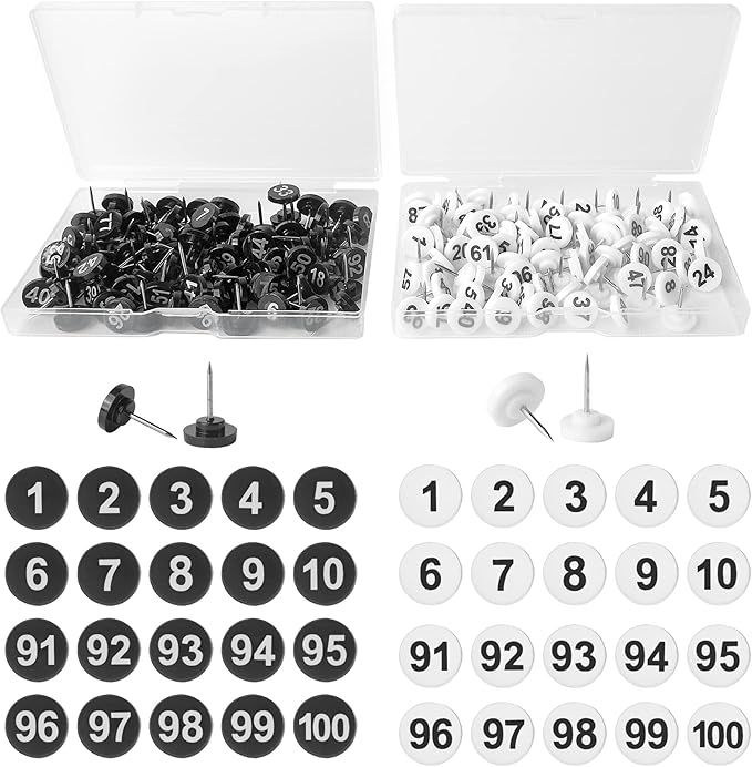 souG 200pcs Numbered Push Pin Tacks, 1-100 Sequential Number Tacks Push Pins, 11mm Diameter 16mm Length Thumbtacks for Maps, Presentations, Photo, Poster (Black and White)