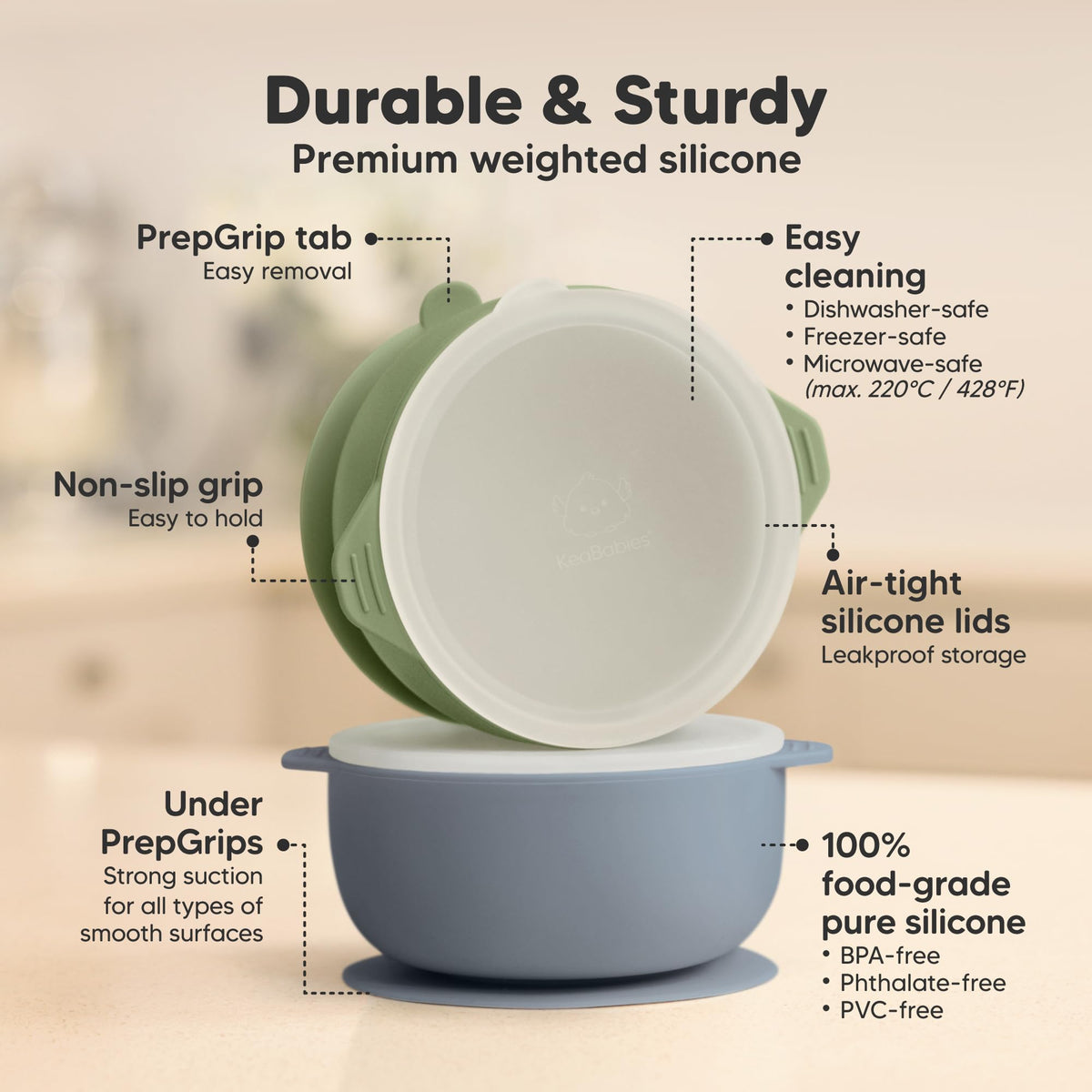 KeaBabies 2-Pack Baby Bowls with Suctions, Lids - Silicone Toddler Suction Bowls for Baby Boy, Girl, Kids, Food Grade Silicone, BPA-Free, Dishwasher Safe, Toddler Eating Essentials (Slate)