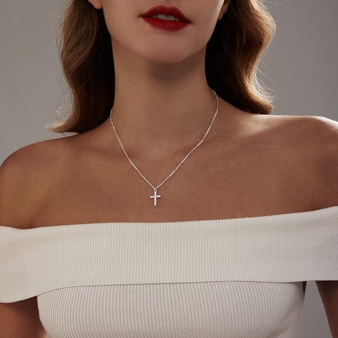 Zeffy Cross Necklace for Women,18K Gold/Silver Plated Tiny Cubic Zirconia Cross Pendant Necklace for Women Simple Layered Cross Necklaces for Women