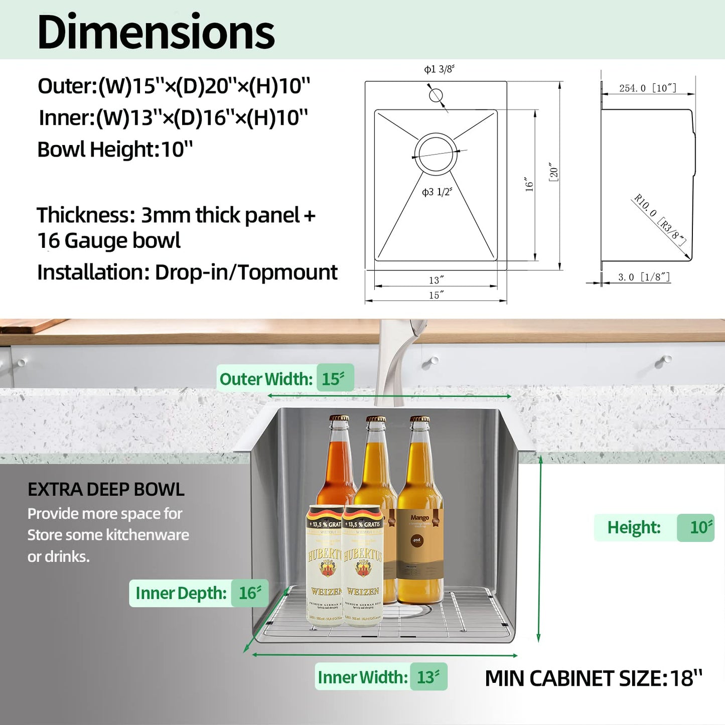 EcoChannels Drop In Kitchen Sink, 15 x 20 x 10 Inch 16 Gauge Single Bowl Topmount Wet Bar Sink T-304 Stainless Steel RV Kitchen Sinks