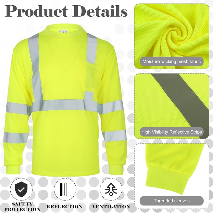 Amylove 4 Pcs Long Sleeve Safety Shirt High Visibility Reflective Construction Work Shirts for Men Women(XXL,Yellow, Orange, Black, Blue)