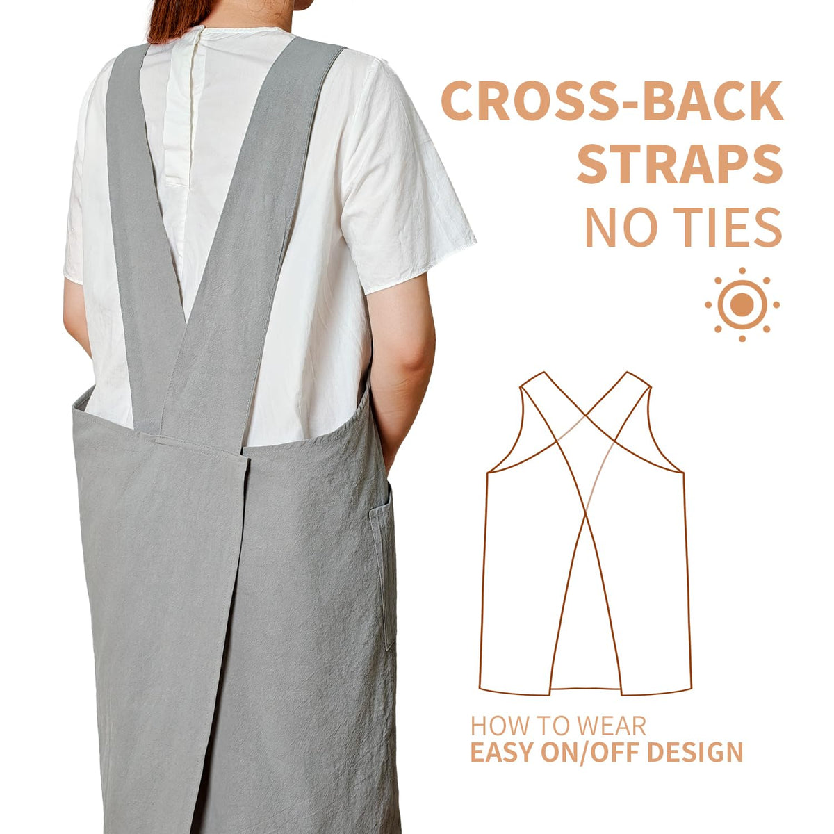 fibrosafe Cotton Apron for Women with Pockets, Cross Back Gardening Apron for Cooking, Baking and Cleaning with Split Hem