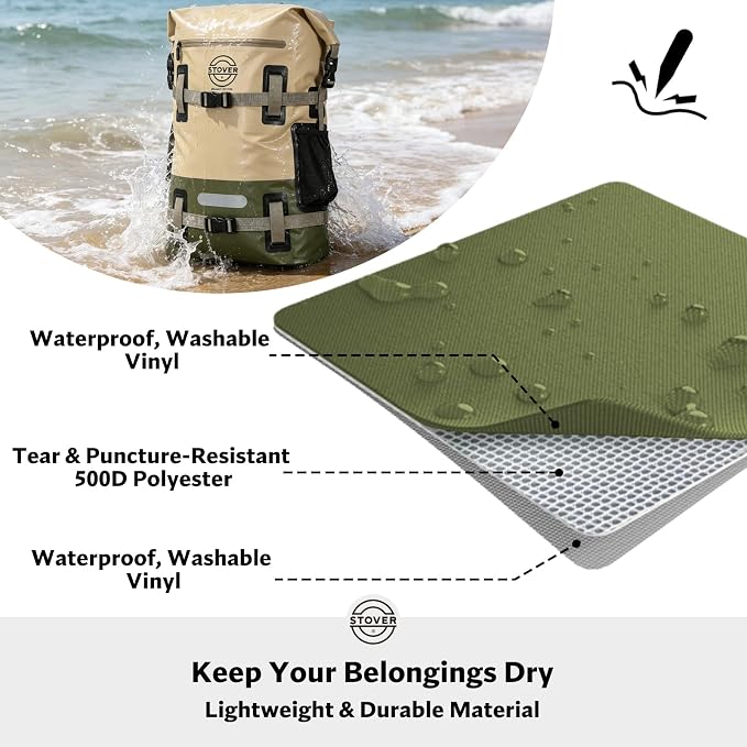 STOVER 30L Waterproof Dry Backpack & Phone Case - X-Large Floating Dry Bag for Kayaking, Travel, Hiking, Fishing, Camping, Motorcycles & Beach, Heavy-Duty Roll Top Men/Women (Tan/Army Green/Brown)