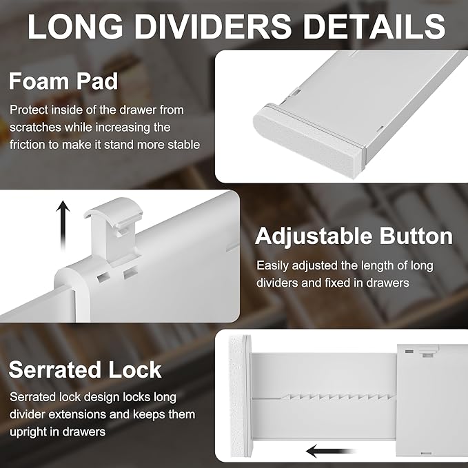 HiYZ Expandable Drawer Dividers - 12.6-22.8'' Adjustable Drawers Organizers for Kitchen Utensils, Drawer Separators in Bedroom, Dresser, Office, Bathroom, Fridge, 8 Pack Long Dividers-Gray