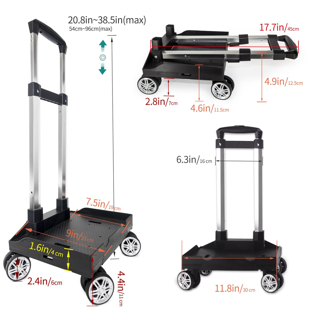 Backpack Trolley Wheeled Cart, Foldable Aluminium Alloy Hand Truck with Edge Guard Base, 4 Spinner Wheels, Luggage Cart with Luggage Strap for Teenagers, Adults, School,Luggage Trolley for Travel