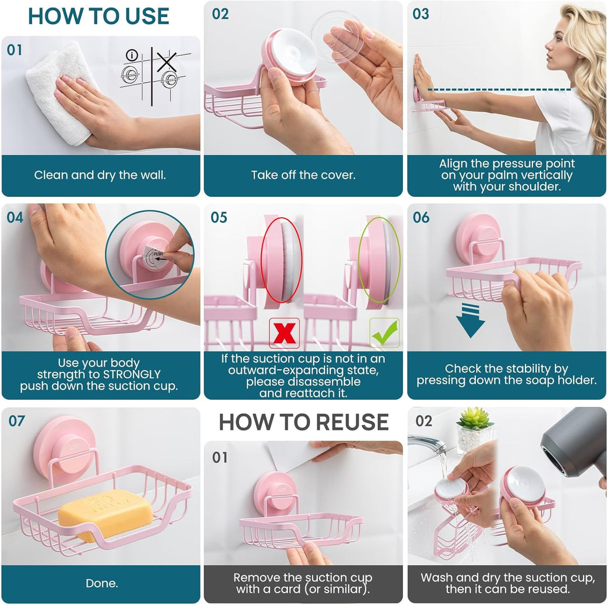 TAILI Soap Holder Bar Dish Suction Cup, Bar Shampoo Rack for Shower Wall, Draining Soap Saver Tray for Bathroom, Rustproof Stainless Steel Sponge Holder for Tub, Kitchen, Drill-Free, Pink