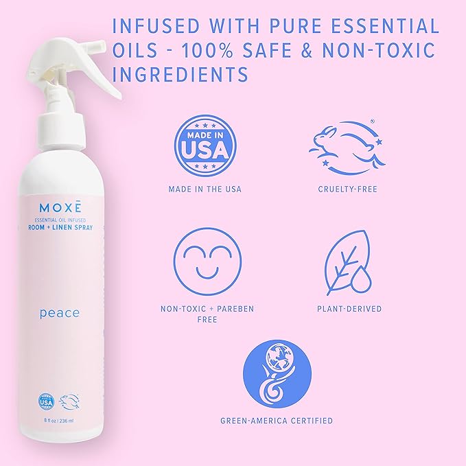 MOXĒ Peace Linen & Room Spray, Zen-Ful Essential Oils, Natural Aromatherapy Mist, Home & Bedroom, Office, Furniture, Bedding, Pillows, Sheets, Bergamot, Lime, Mandarin, Geranium, 8 Ounces (1 Pack)