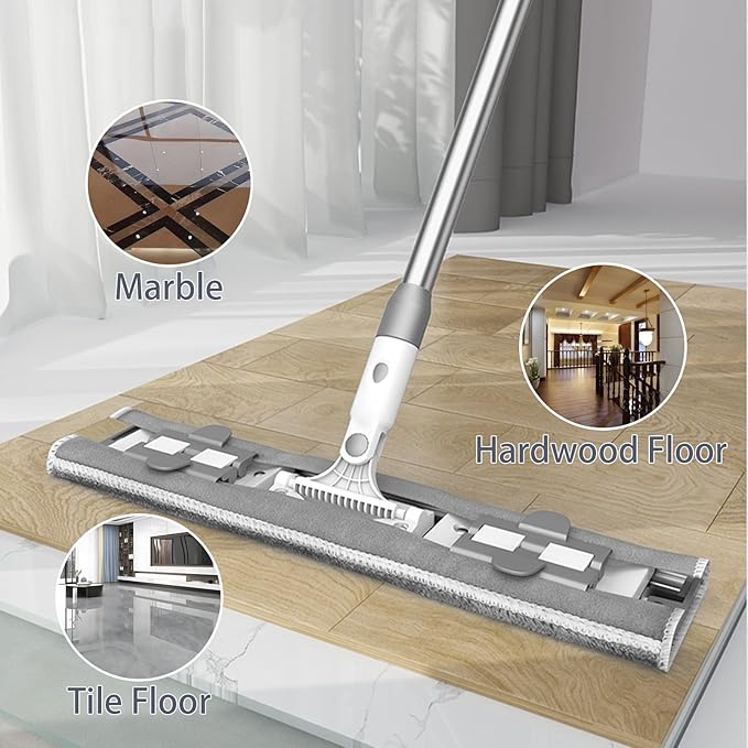 Flat Microfiber Mop for Floor Cleaning, 15.7 in (40 cm) Aluminum Base, 4-Section Aluminum Handle 52 in, Dry & Wet Use, 4 Washable Pads, Debris Scraper – LJGG (Gray/White)
