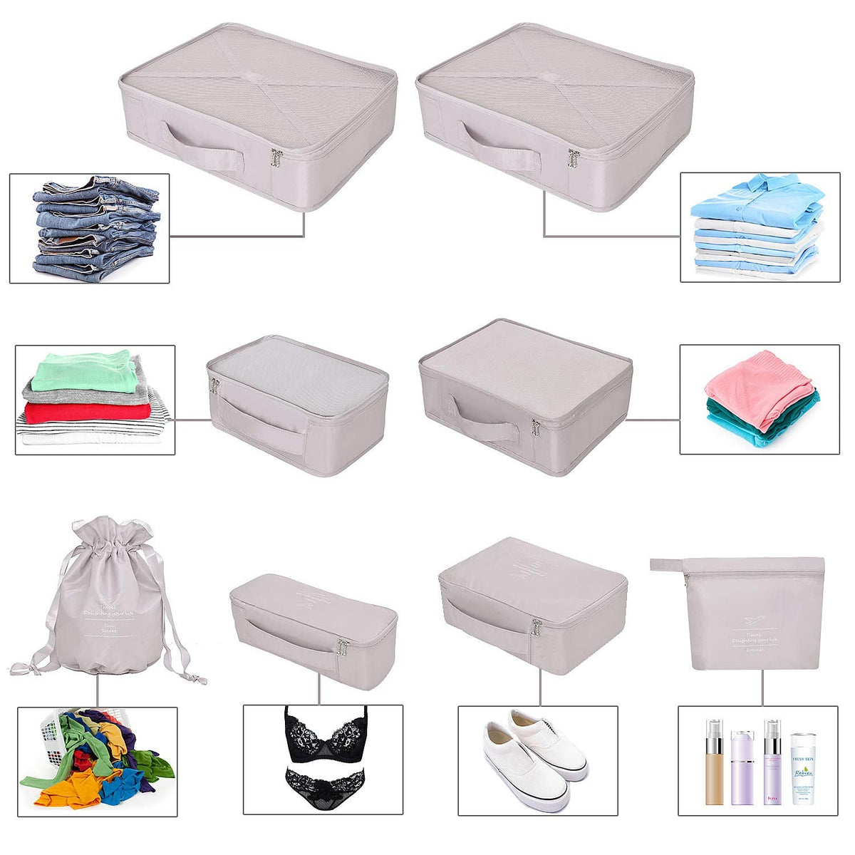 Packing Cubes 8 Sets Travel Luggage Organizers Include Waterproof Shoe Storage Bag Convenient Packing Pouches for Traveller (Grey)