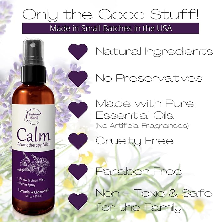 Calm Aromatherapy Mist with Lavender & Chamomile Essential Oil. Natural Sleep & Pillow Spray, Room & Linen Mist. Lavender Spray Air Freshener for Relaxation & Sleep - Brookethorne Naturals