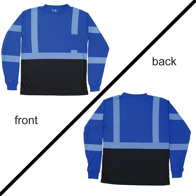 VENDACE Safety T Shirts Reflective High Visibility 3 Pack Hi Vis Long Sleeve Construction Work Shirts for Men (Royal Blue,L)