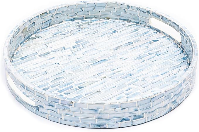 CLAYNIX Serving Tray 12.5 Inch, Wooden Lacquer Tray with Mother of Pearl Inlay, Elegant Tea & Breakfast Tray with Handles (Round)