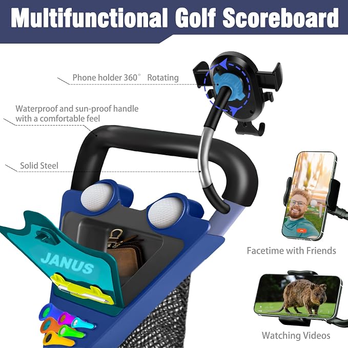 JANUS Golf Push Cart 3 Wheel, Foldable with One-Click Folding, Compact Golf Bag Cart, Wide EVA Wheels, Foot Brake, Elastic Wing Straps, Cooler Bag, Phone Holder or Gooseneck Holder