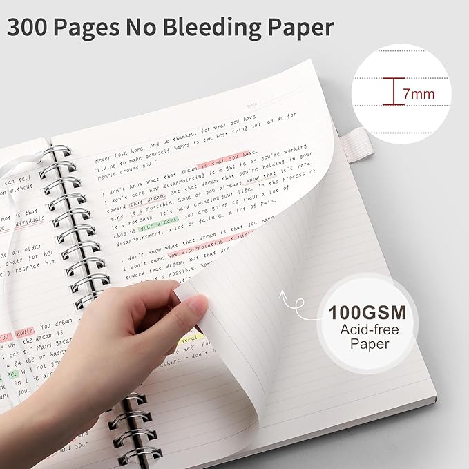EMSHOI Lined Spiral Journal Notebook, A5 College Ruled Notebook, 300 Pages/150 Sheets, 100gsm Acid-Free Paper, Waterproof Softcover Notebook for School, Work, Note Taking, 5.7" × 8.22" - Transparent