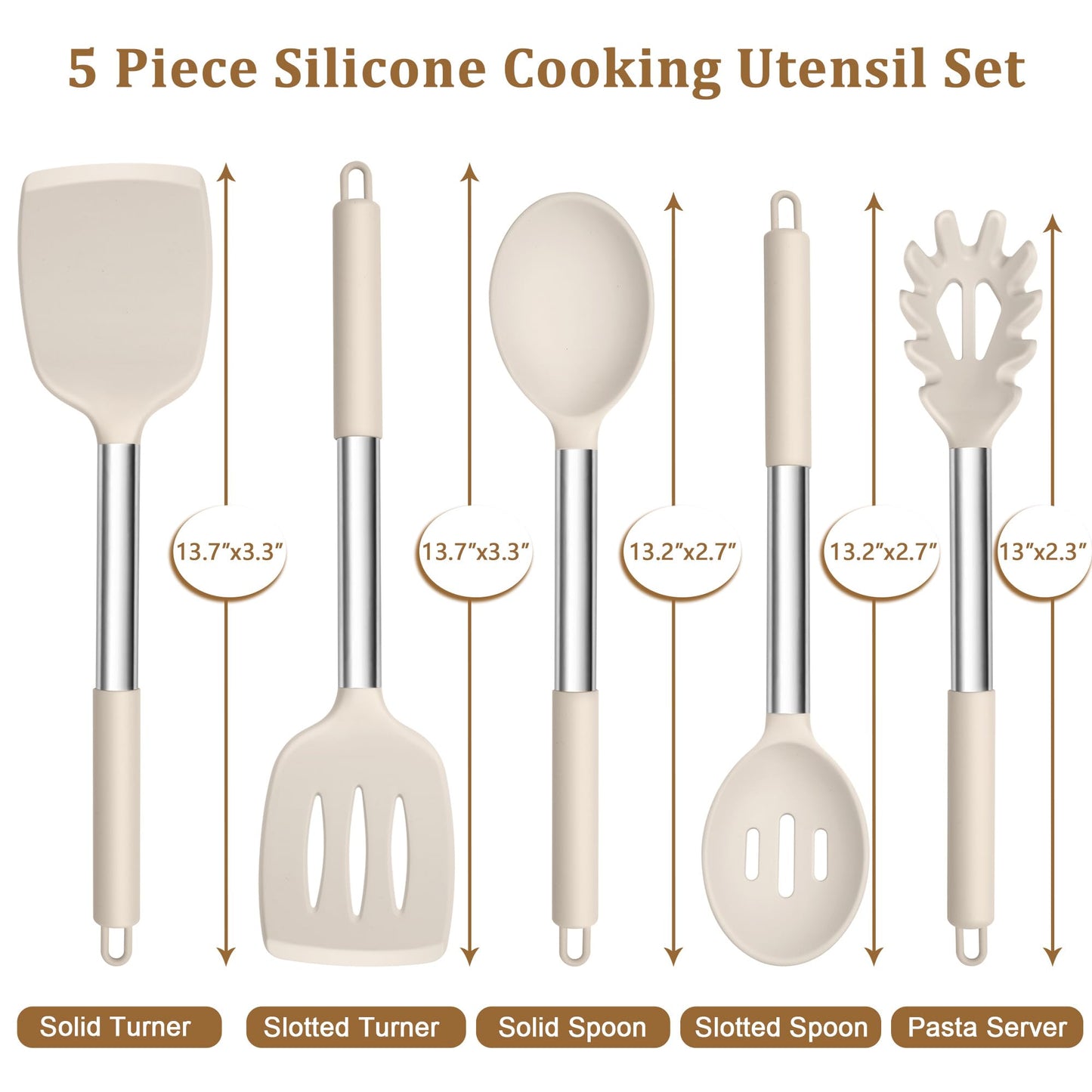 TeamFar Cooking Utensils Set, 5 PCS Silicone Kitchen Utensils with Stainless Steel Handle for Nonstick Cookware Turning Flipping Frying Draining, Heatproof & Healthy, Nonstick & Easy Clean, Khaki