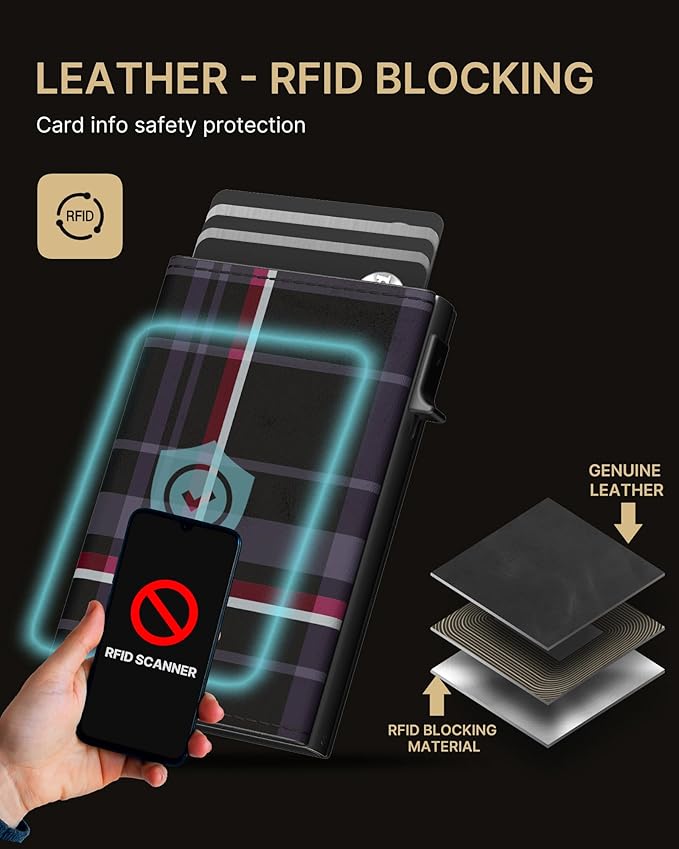 typecase Mens Wallet Card Holder: Pop Up Aluminum Case, Carbon Fiber Leather, Smart, RFID Blocking, Slim, Minimalist, Front Pocket - 9-14 Card Capacity | ID Window | Cash Slot (Plaid)