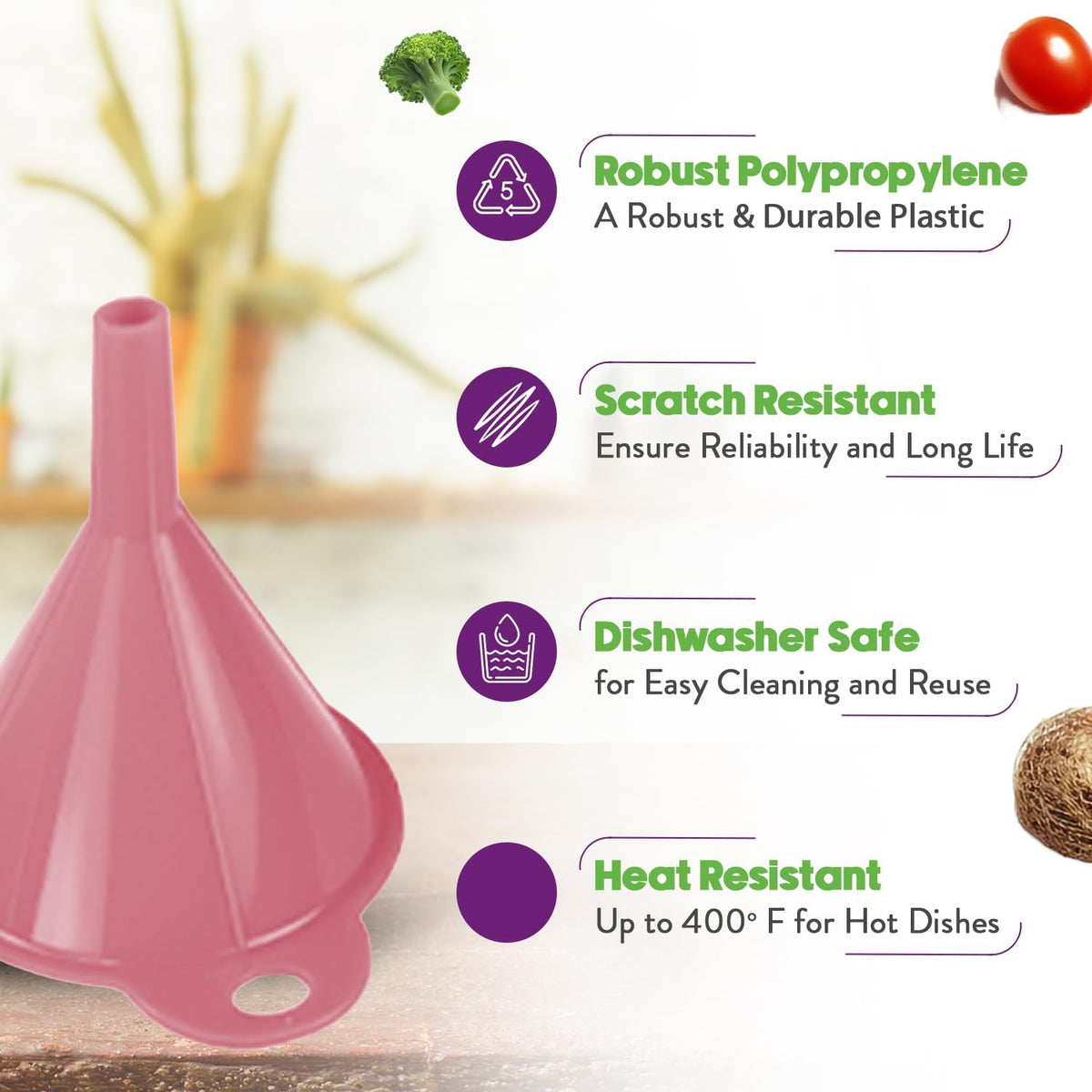 Crisp 2-Piece Funnel Set - All Purpose Funnels for Kitchen Use Filling Bottles - Durable & Dishwasher Safe Kitchen Funnel Set - Made in The USA - Pink