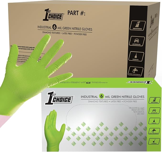 1st Choice 6 mil Orange and Green Nitrile Gloves, Disposable, Latex Free Raised Diamond Grip Mechanic Glove for Men and Women