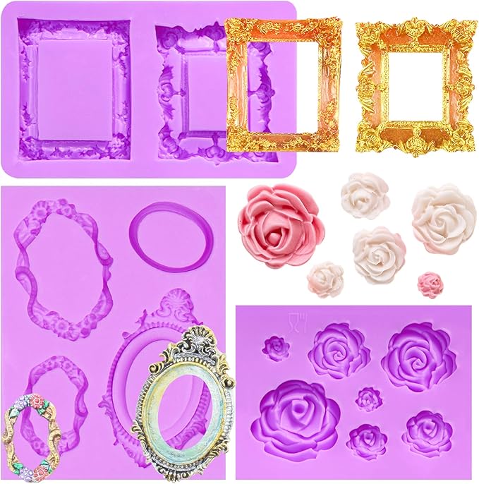 Picture Frame Chocolate Molds, Baroque Vintage Mirror Frame Fondant Molds, Photo Frame Rose Silicone Baking Molds for Cake Decoration Sugar Gum Paste Candy Cookies Resin Clay Set of 3