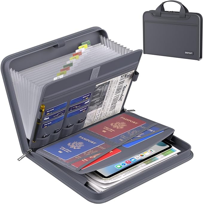 ENGPOW Accordion File Organizer,Fireproof Expanding File Folder with Multi Pockets,13 Pockets Document Organizer Bag with Handle & Labels,Portable Home Travel Safe Storage for Letter A4 Files,Gray